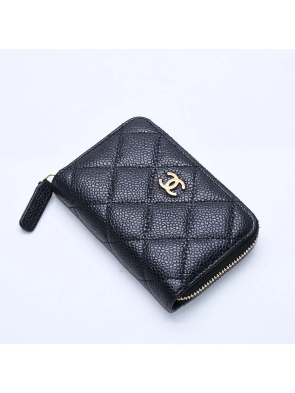Chanel Classic Zip Coin Purse Quilted Caviar Leather Stand Black Wallet Card